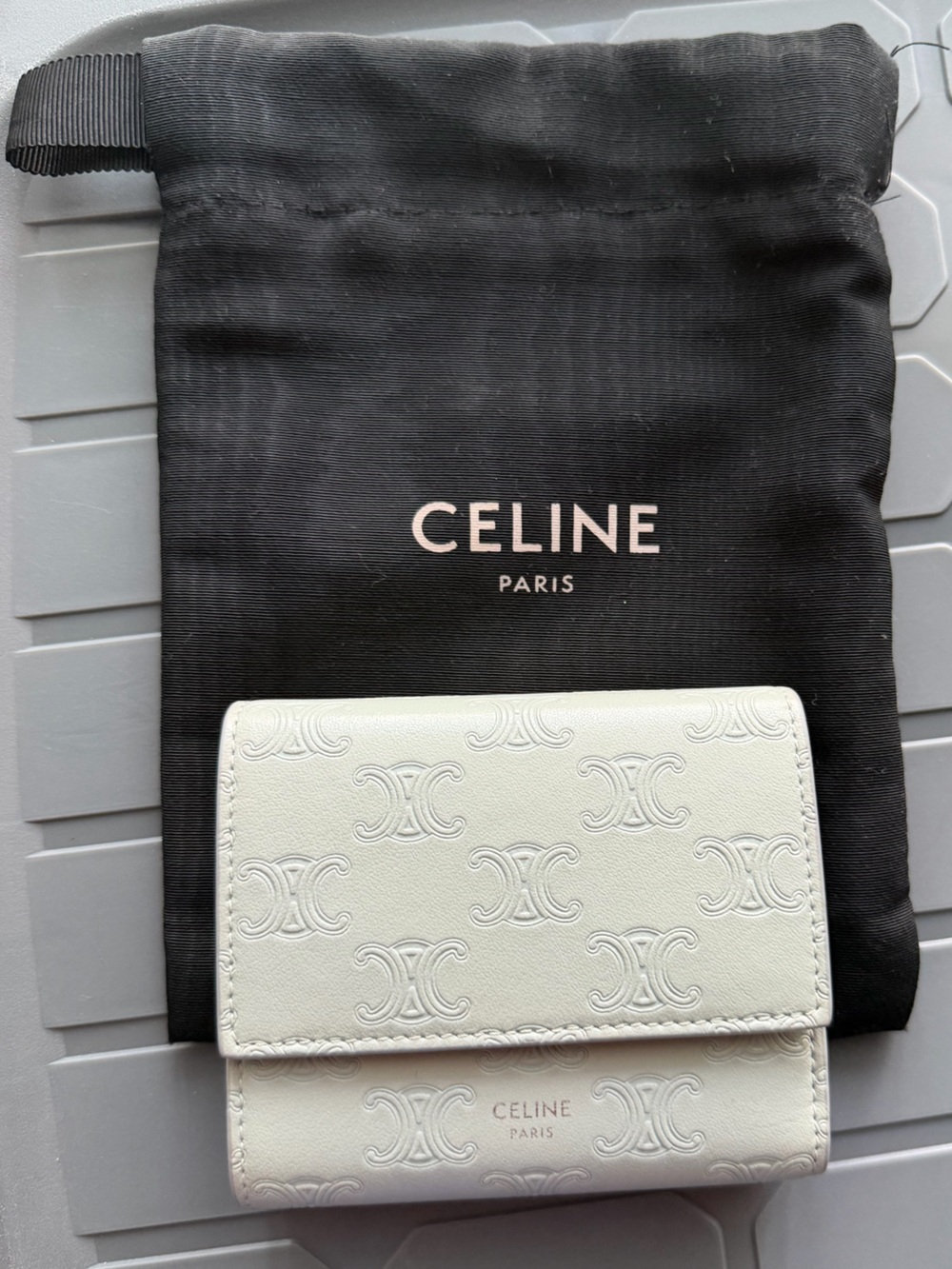 Celine Embossed Triomphe Compact Wallet - Light blueish gray